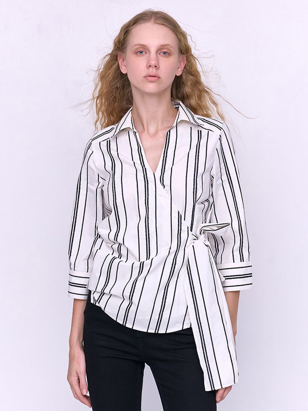 

COVER STORY Women Spread Collar Vertical Striped Cotton Casual Shirt, Off white