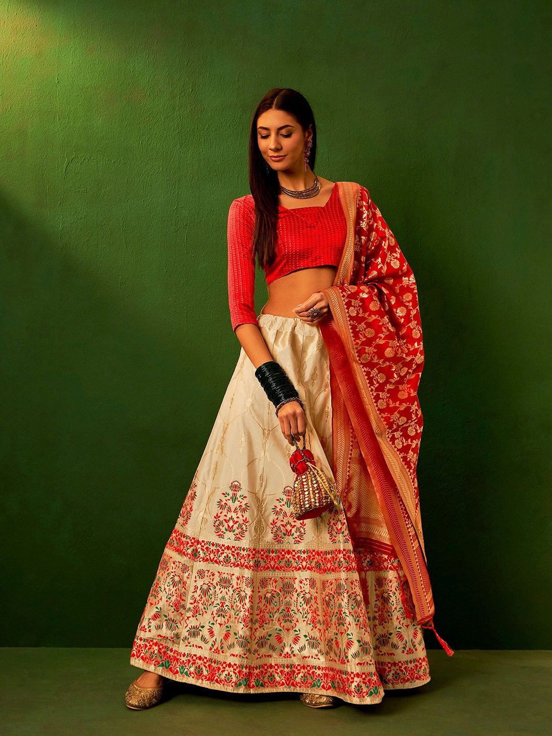 

Maroosh Embellished Thread Work Unstitched Lehenga & Blouse With Dupatta, Beige
