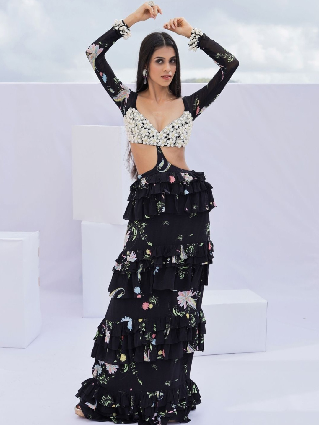 

Foram patel Black Print Cowrie Embroidered Maxi Dress