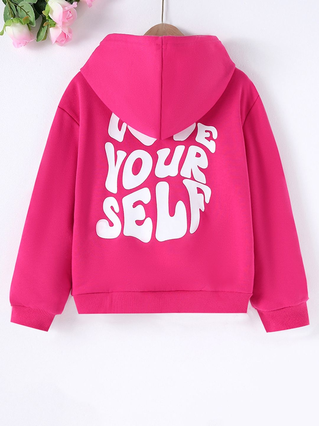 

INCLUD Girls Typography Printed Hood Cotton Pullover Sweatshirt, Pink
