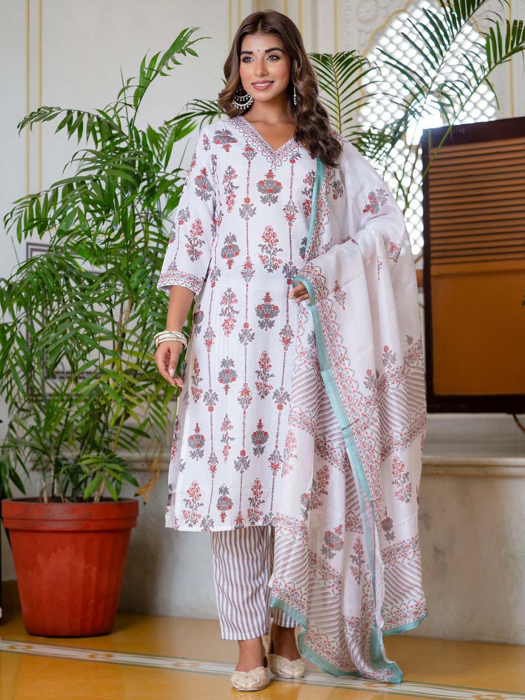 

KALINI Floral Printed Straight Kurta With Trousers & Dupatta, White