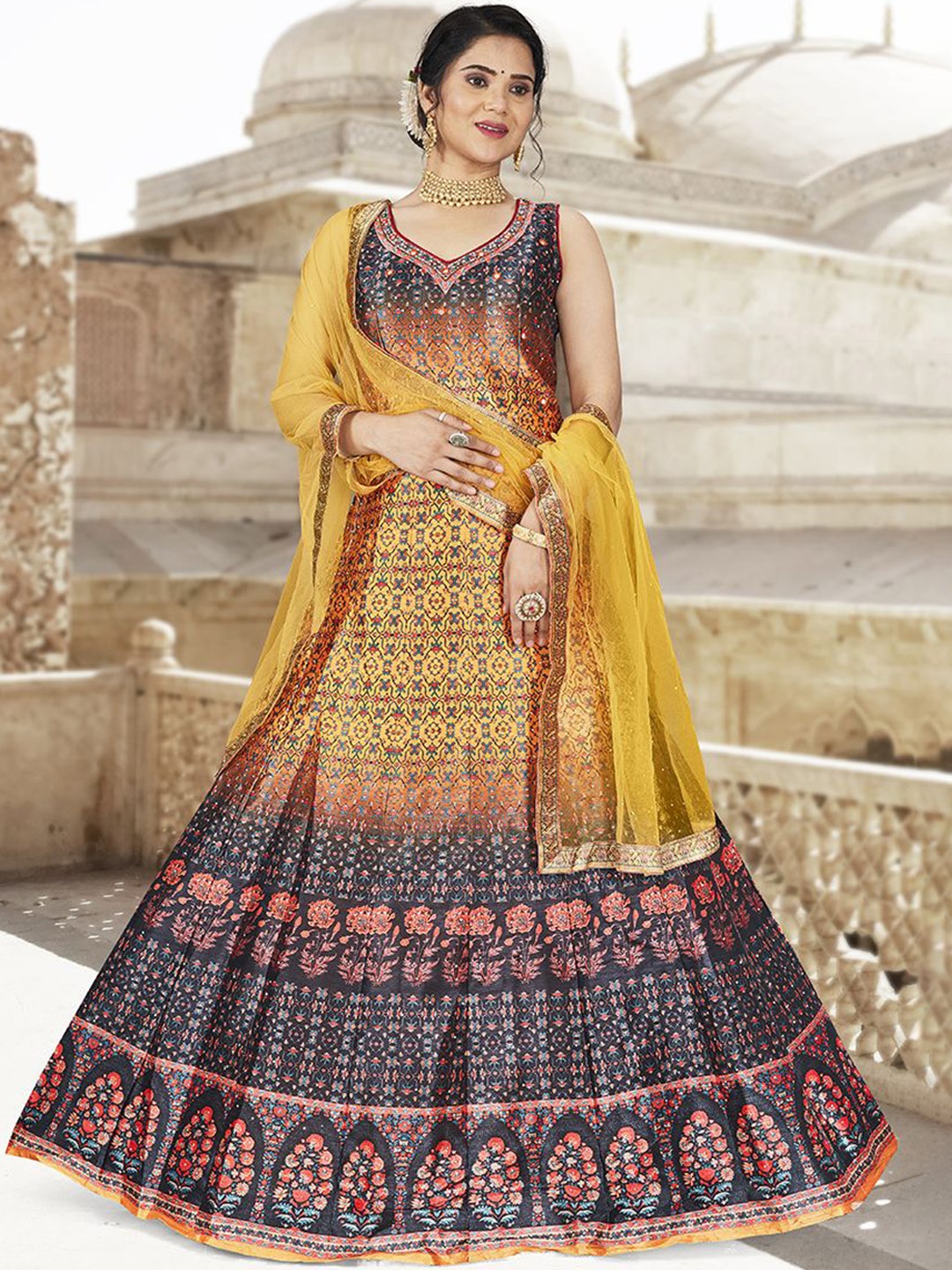

Krimmple Women Printed Fit & Flared Maxi Ethnic Dress With Dupatta, Mustard