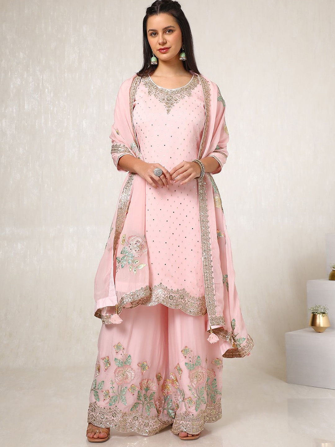 

Soch Floral Embroidered Regular Straight Organza Kurta With Palazzo With Dupatta, Pink