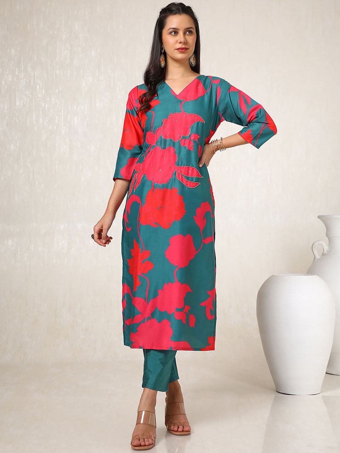 

Soch Floral Printed Beads and Stones V-Neck Straight Kurta with Trouser, Teal
