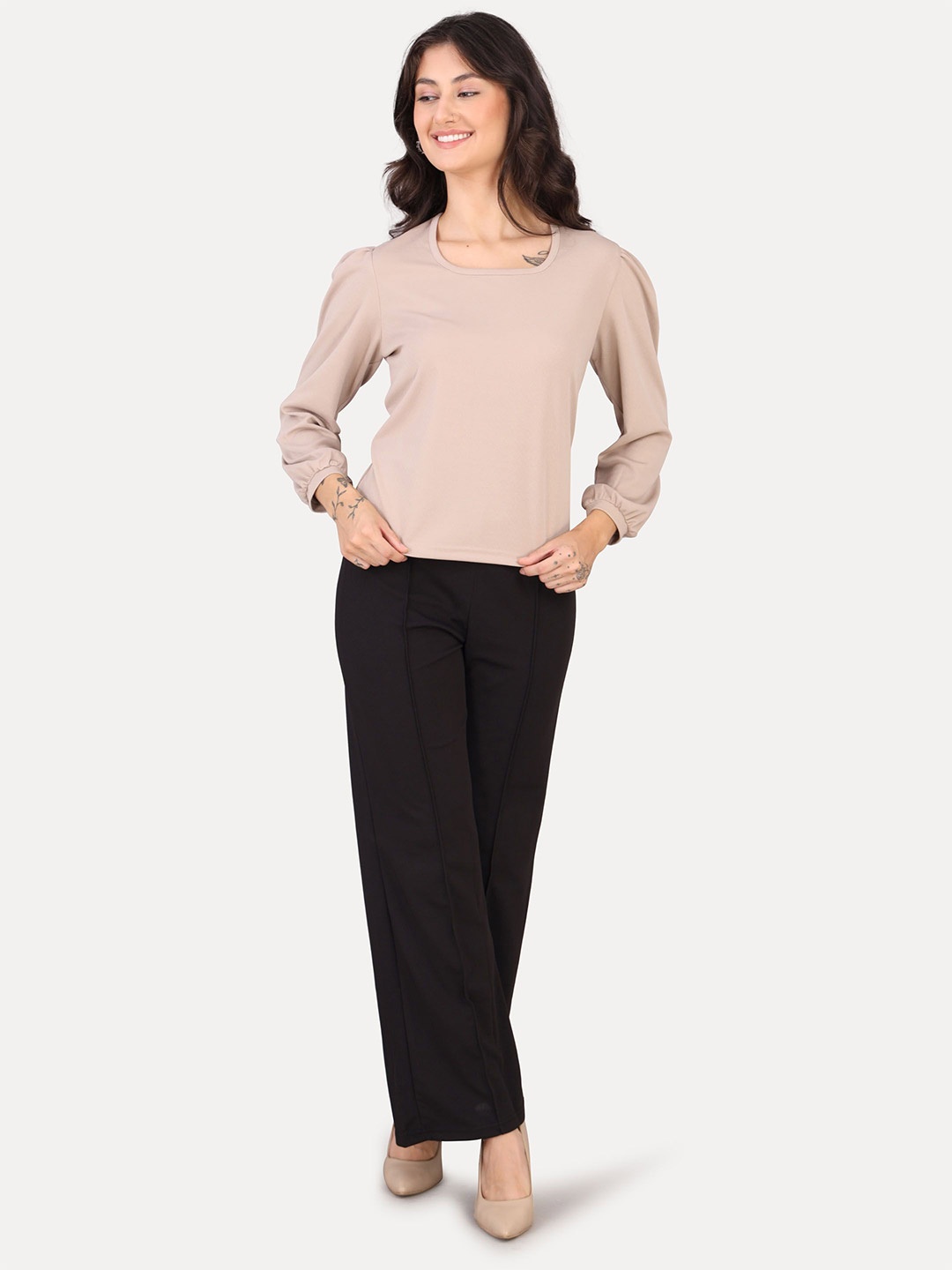

VISO Women Solid Square Neck Top, Beige