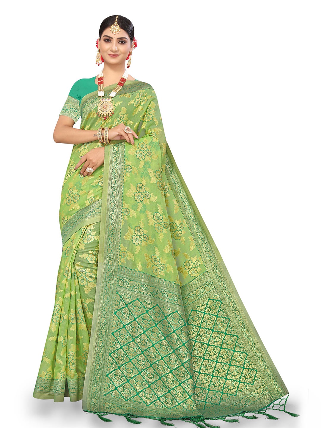

Maroosh Woven Design Zari Saree, Lime green