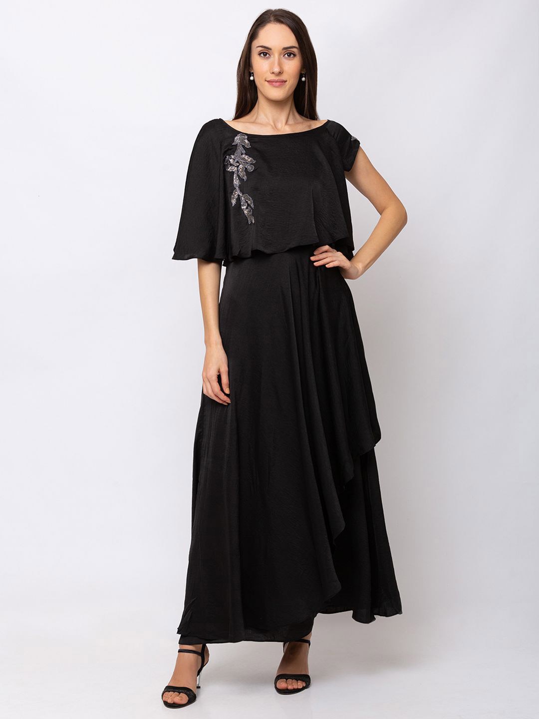 

SHECZZAR Women Boat Neck Cap Sleeves Floral Embellished Maxi Dress, Black