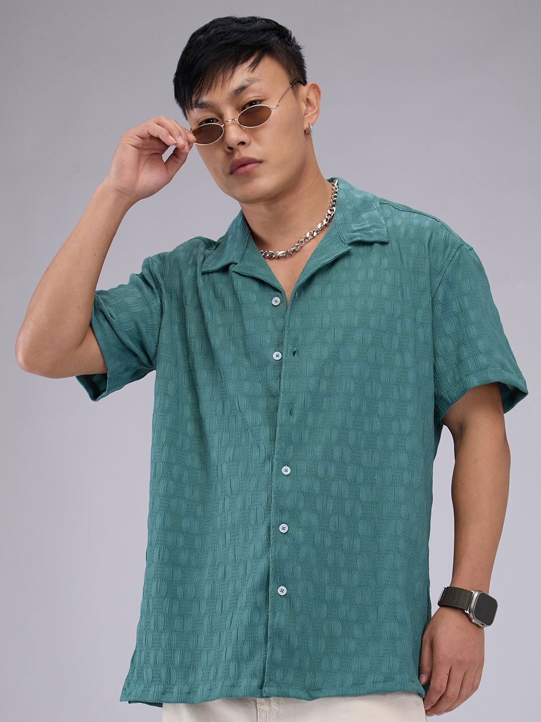 

VASTRADO Men Classic Cuban Collar Textured Oversized Casual Shirt, Green