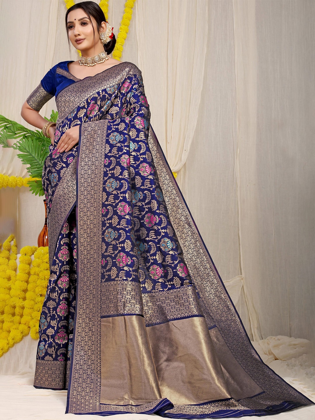 

Royal Rajgharana Saree Ethnic Motifs Zari Pure Silk Banarasi Sarees, Navy blue