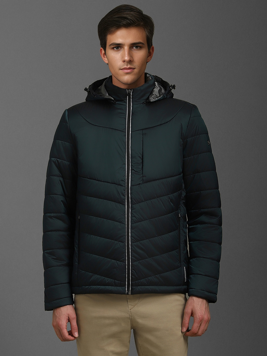 

Louis Philippe Sport Men Solid Hooded Open Front Jacket with Patchwork, Green