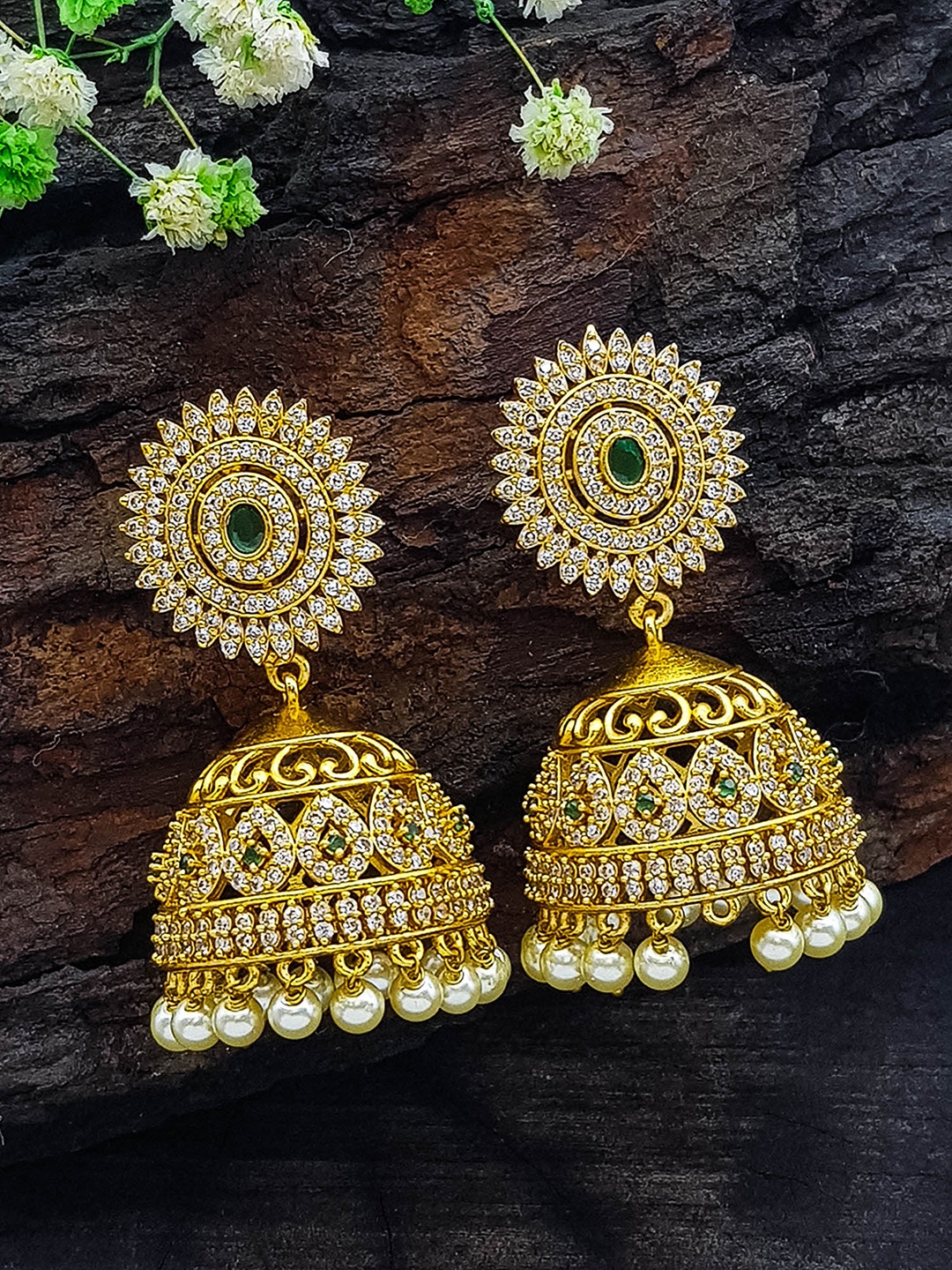 

GRIIHAM Gold-Plated Cubic Zirconia Studded Dome Shaped Jhumkas