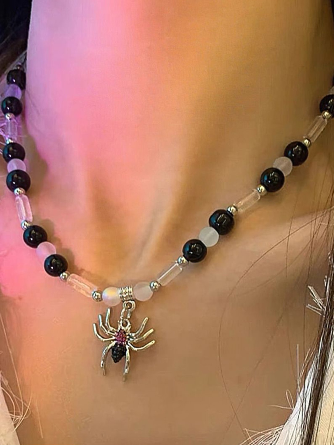 

SALTY Cursed Spider Beaded Necklace, Silver