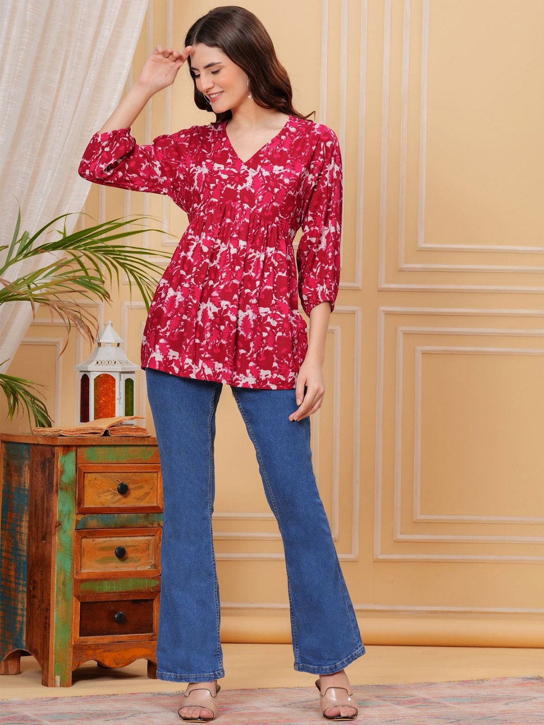 

Royal Marque Floral Print Cotton Peplum Top, Burgundy