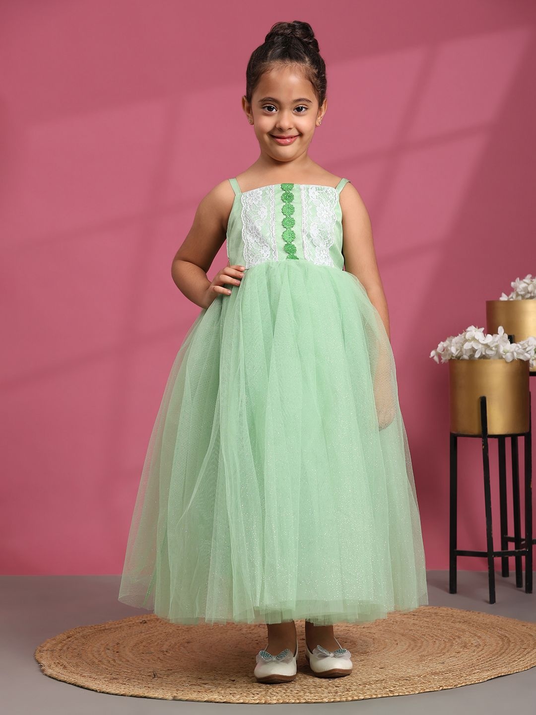 

Toy Balloon kids Embroidered Net Fit & Flare Maxi Dress, Green