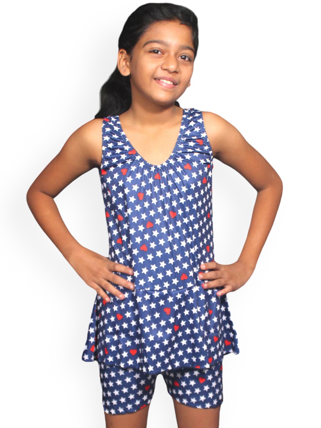 

Aqua Holic Girls Geometric Printed Round Neck Swimwear Suit, Blue