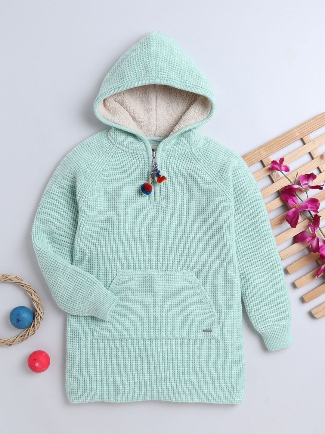 

Yellow Apple Girls Self Design Woollen Longline Pullover Sweater, Green