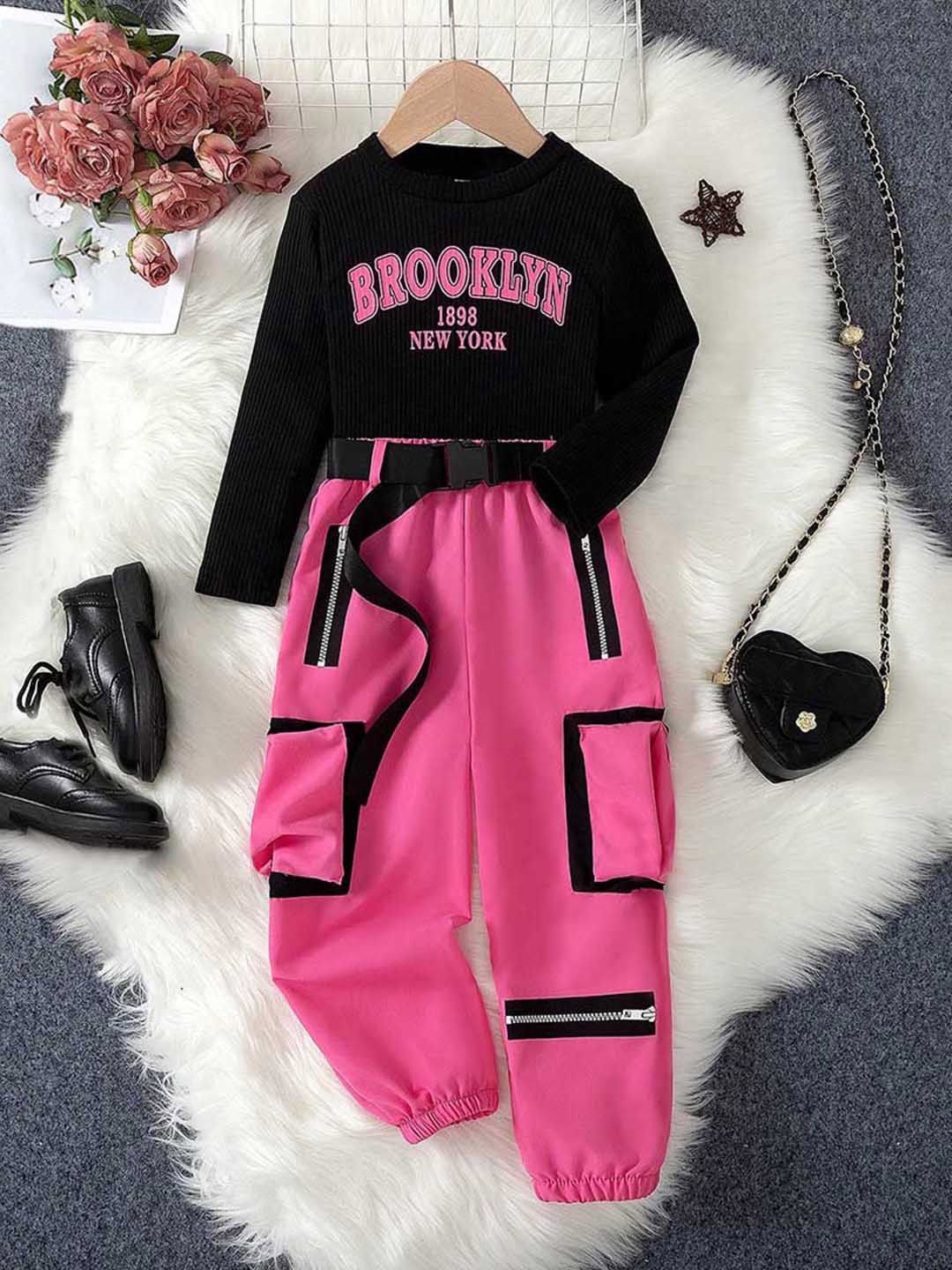 

INCLUD Girls Printed T-shirt with Trousers, Black