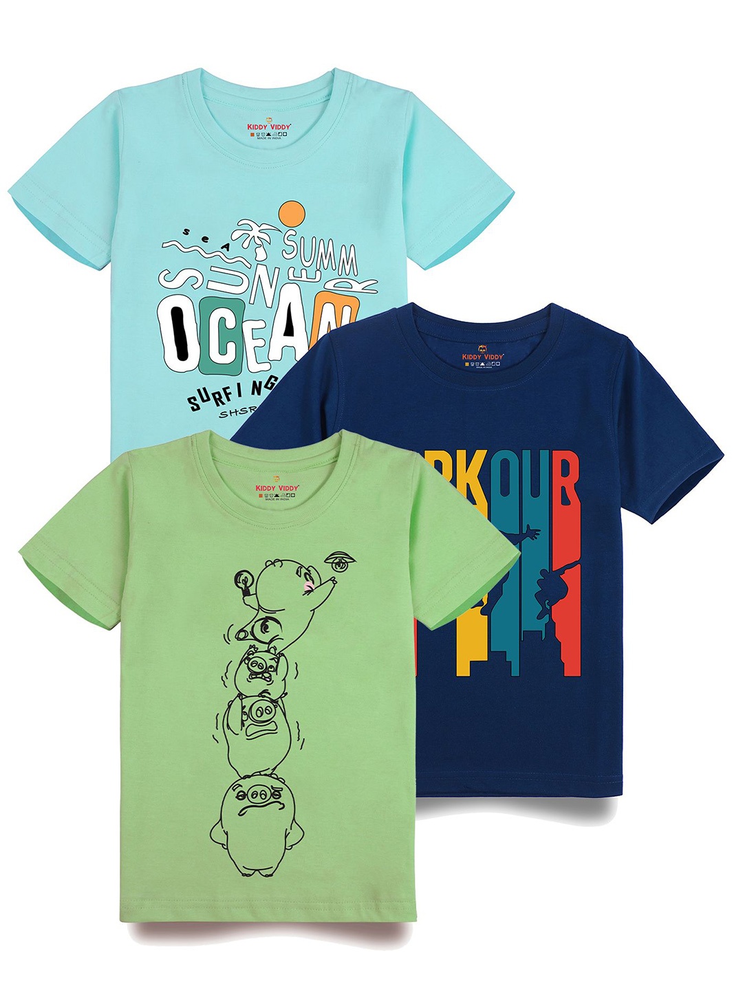 

AUSK Boys Pack Of 3 Graphic Printed Round Neck Cotton T-shirts, Navy blue