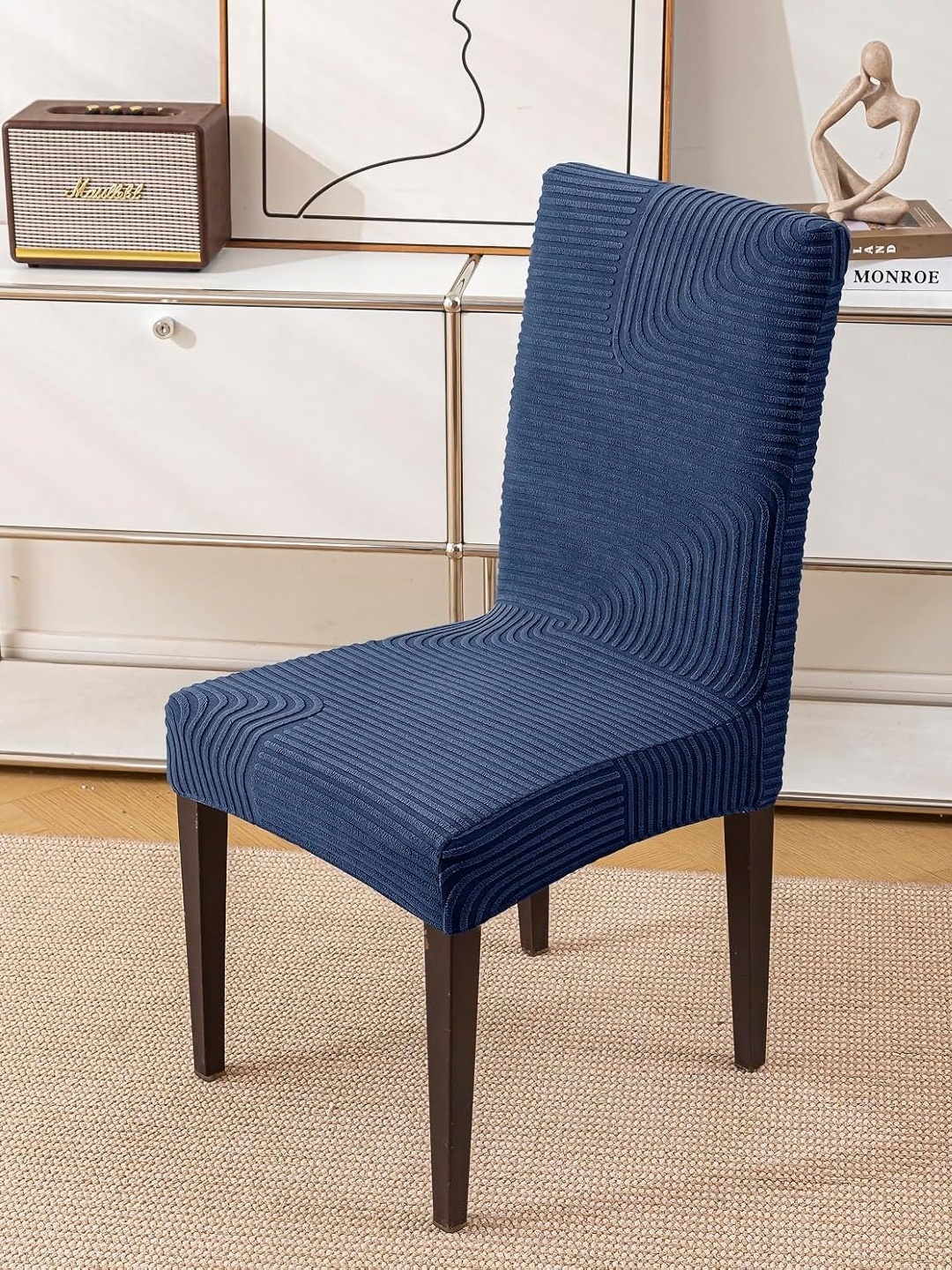 

HOUSE OF QUIRK Navy Blue 8 Pieces Jacquard Removable & Washable Chair Covers