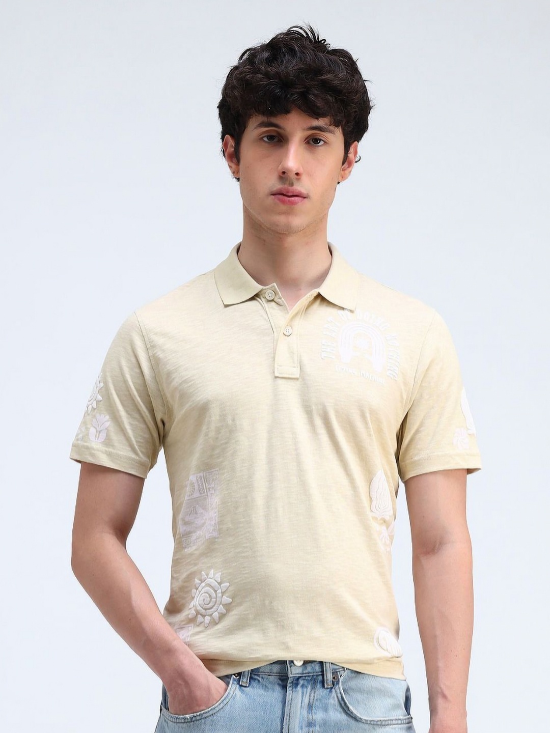 

Flying Machine Men Solid Polo Collar Cotton Relaxed Fit T-shirt, Beige