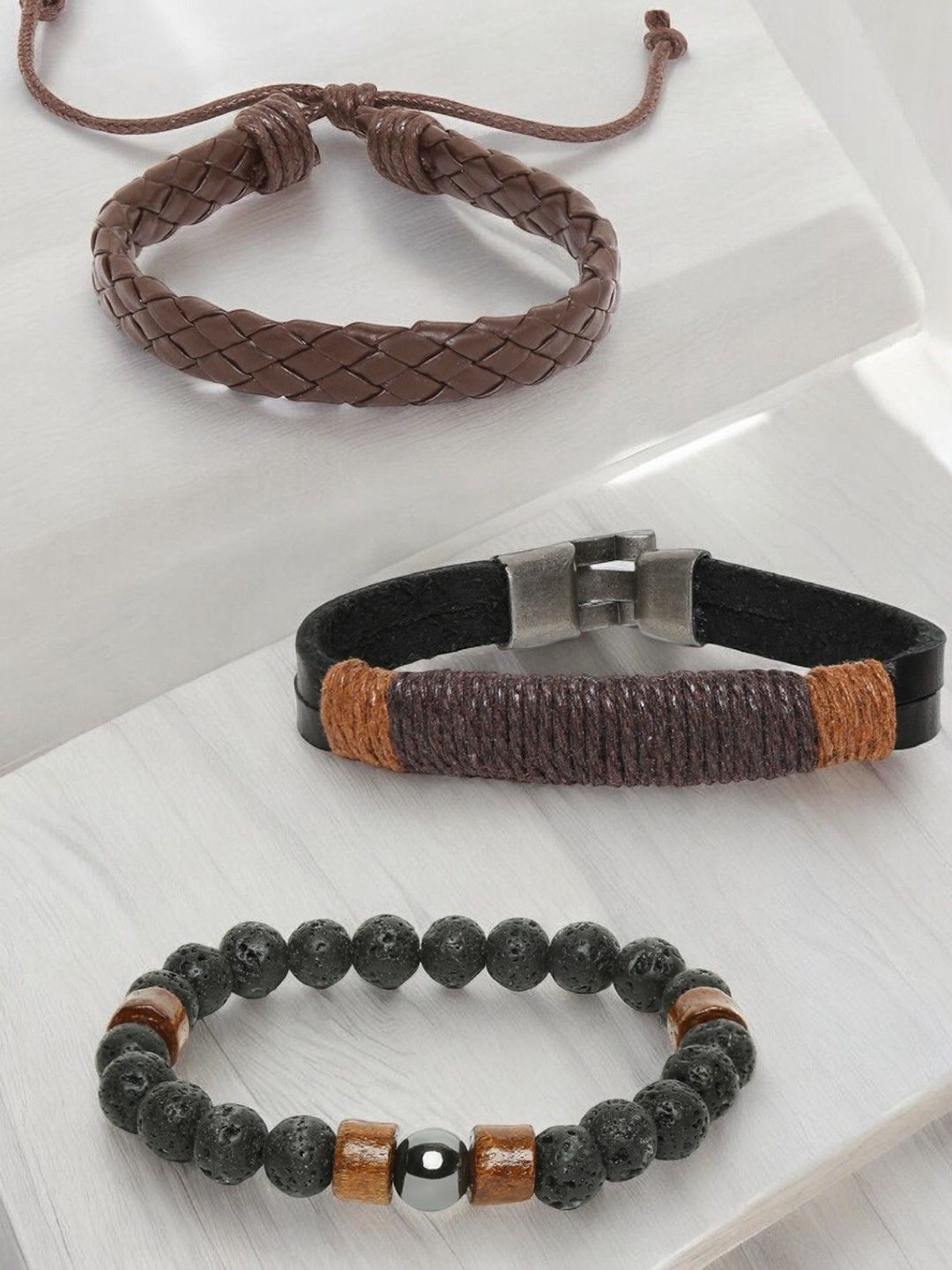 

fabula Men Set Of 3 Leather Wraparound Bracelets, Black