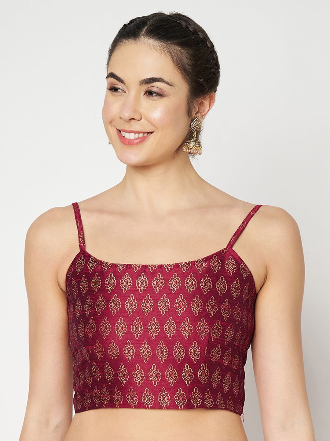 

studio rasa Women Floral Printed Shoulder Straps Silk Blend Top, Maroon