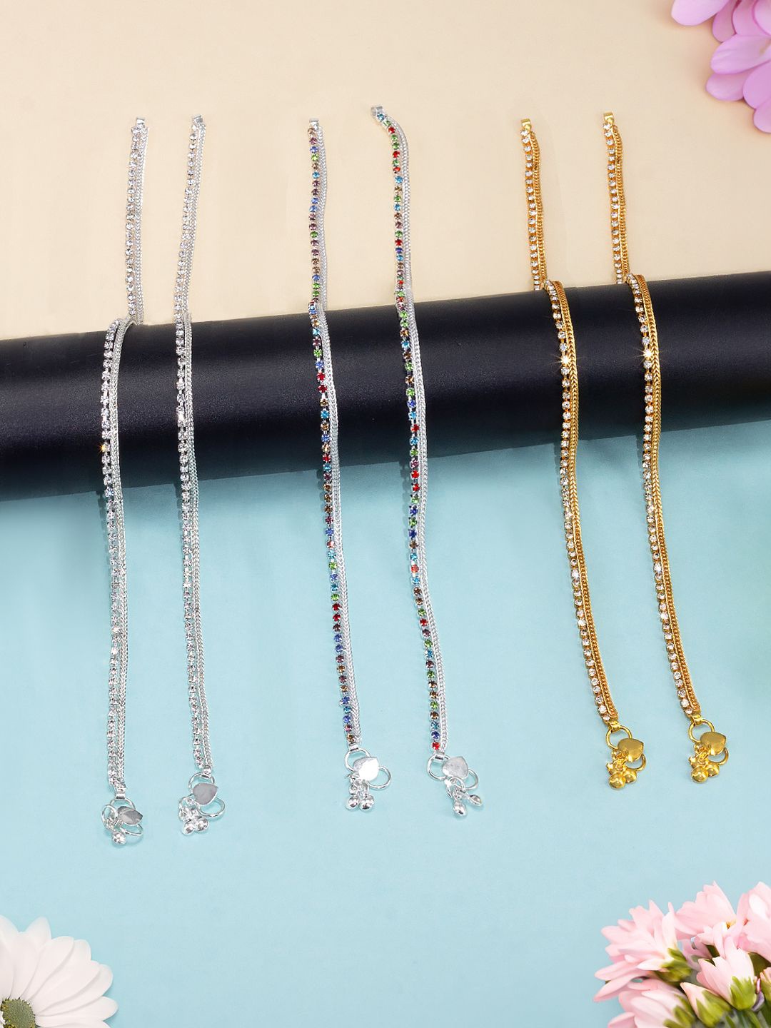 

PRIVIU Set Of 3 Silver-Plated Rhinestone Studded Anklets
