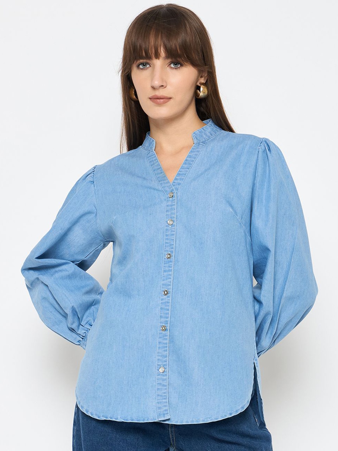 

BAESD Women Classic Mandarin Collar Solid Denim Casual Shirt, Blue