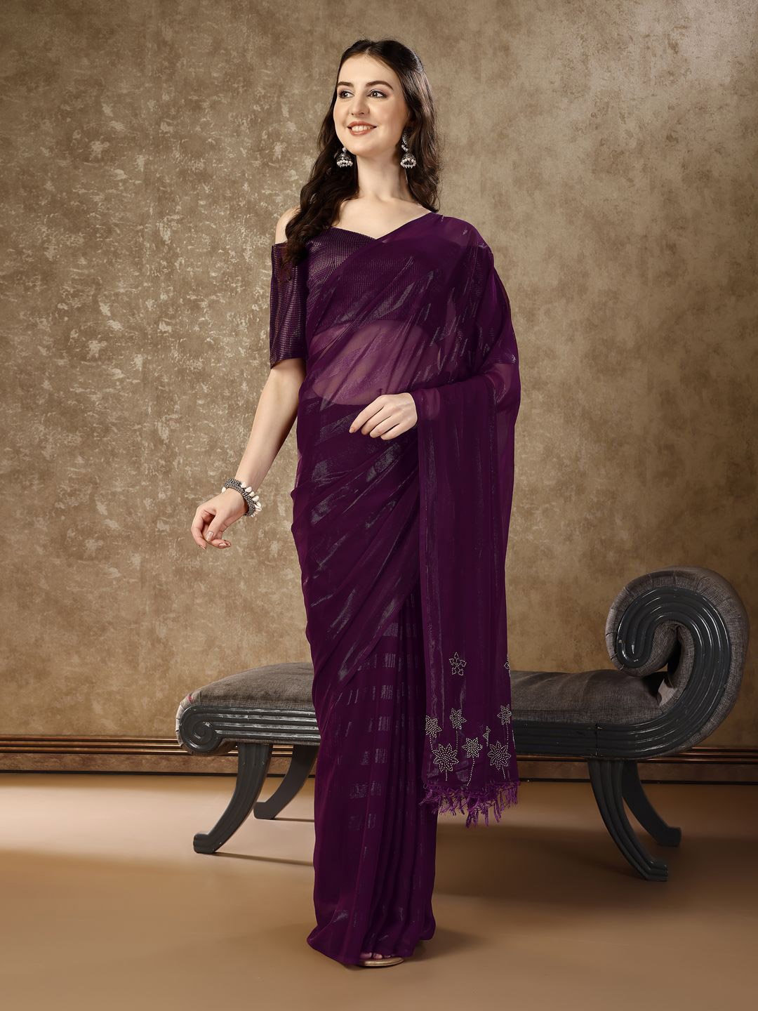 

KALINI Embellished Beads and Stones Saree, Purple