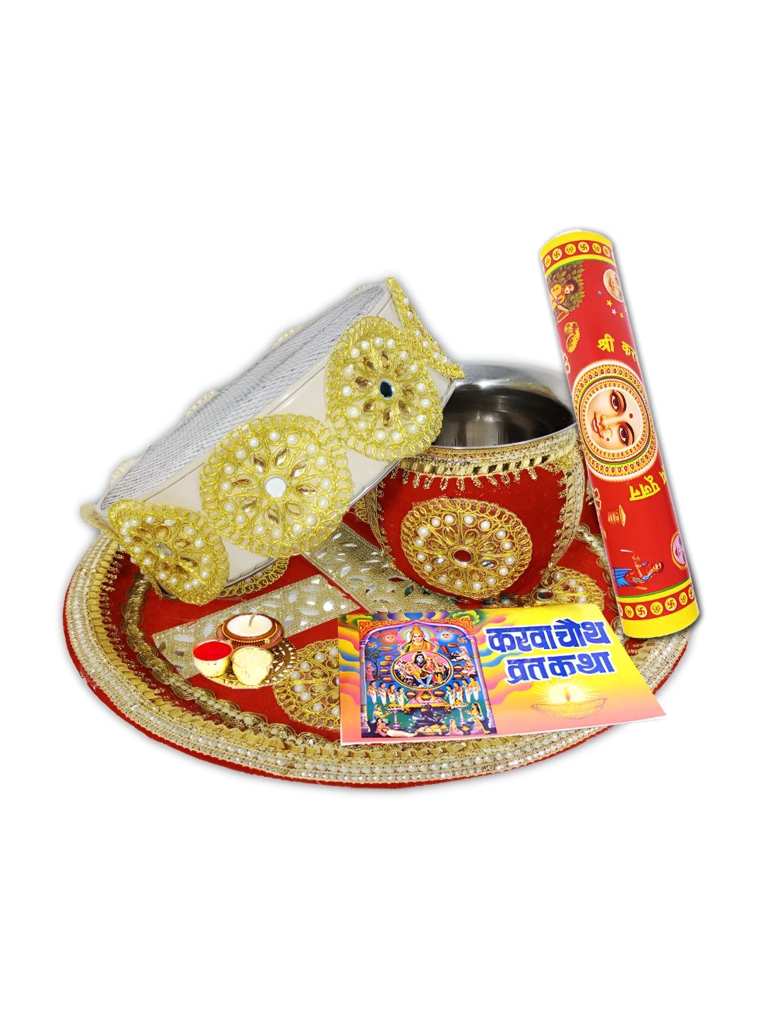 

ME & YOU Red and GoldToned Decorative Karwa Chauth Poojan Thali Set