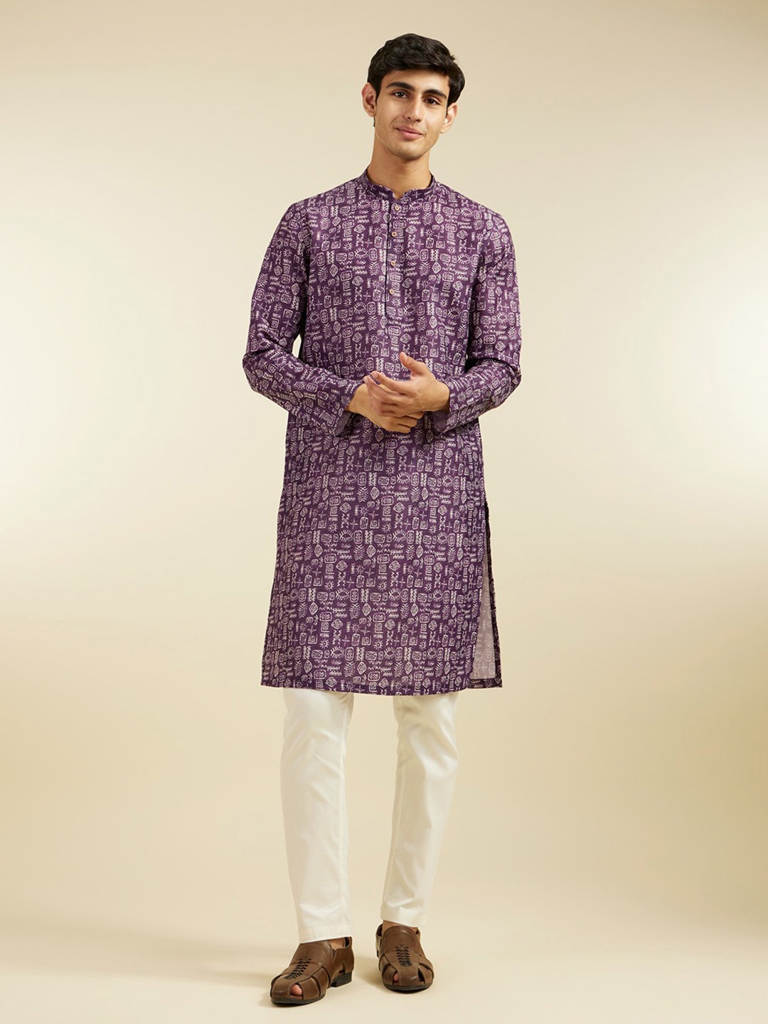 

Diwas by Manyavar Men Printed Mandarin Collar Cotton Straight Kurta, Purple