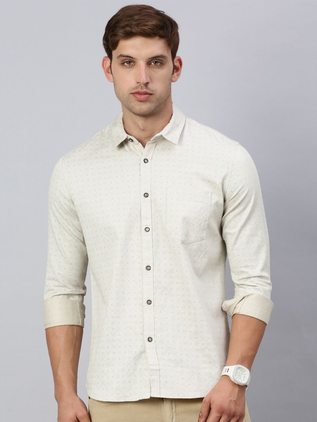 

Classic Polo Men India Slim Spread Collar Floral Printed Cotton Casual Shirt, Beige