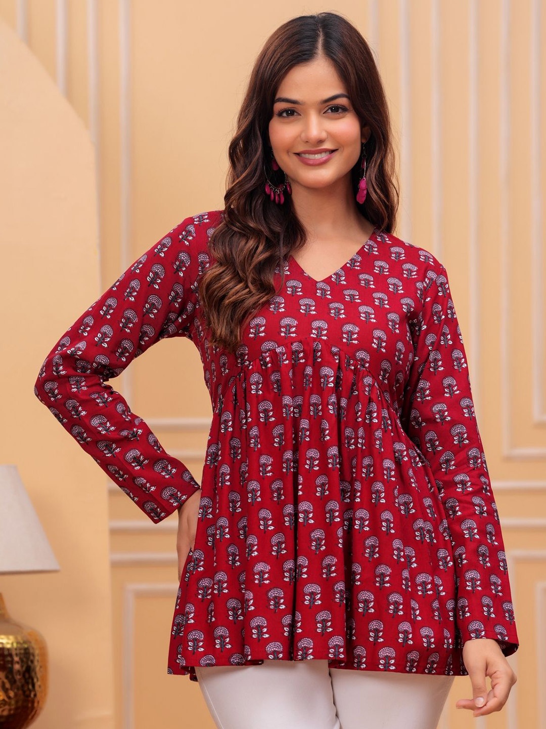 

Royal Marque Floral Print Cotton Peplum Top, Burgundy