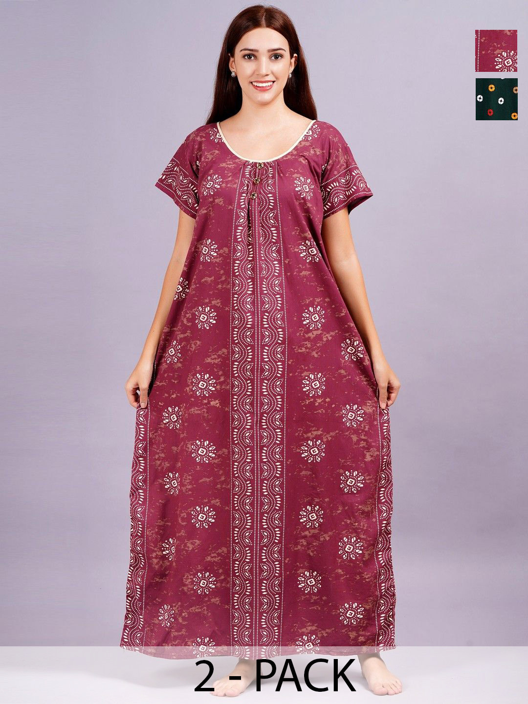 

Breezly Pack Of 2 Printed Maxi Nightdress, Green