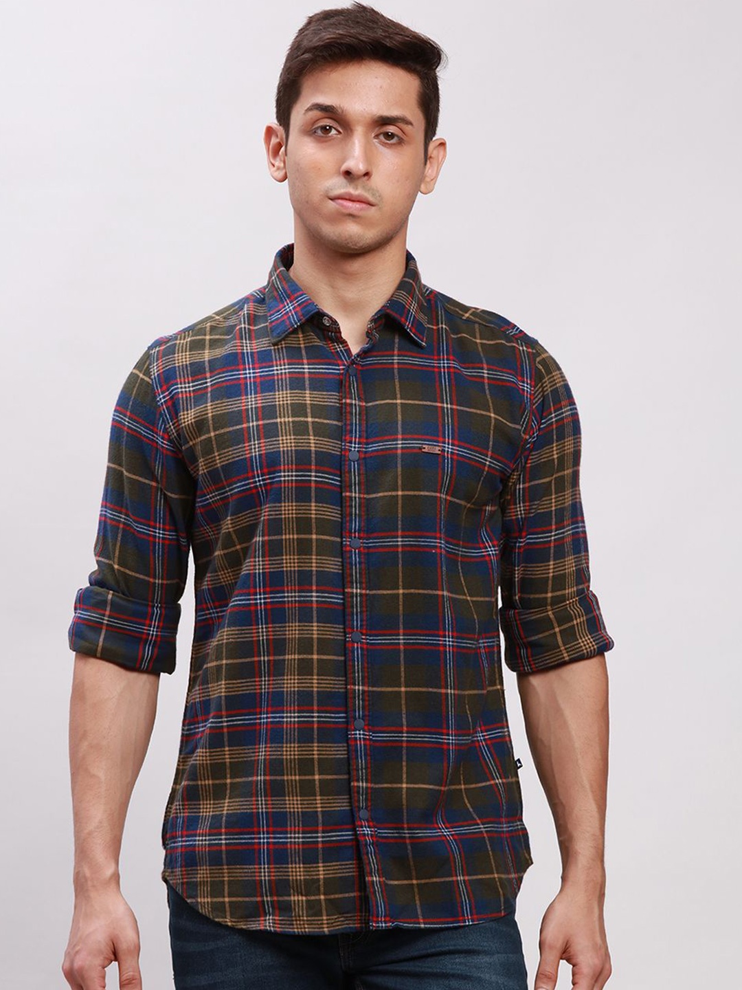 

Parx Men Cutaway Collar Tartan Checked Cotton Slim Fit Casual Shirt, Green