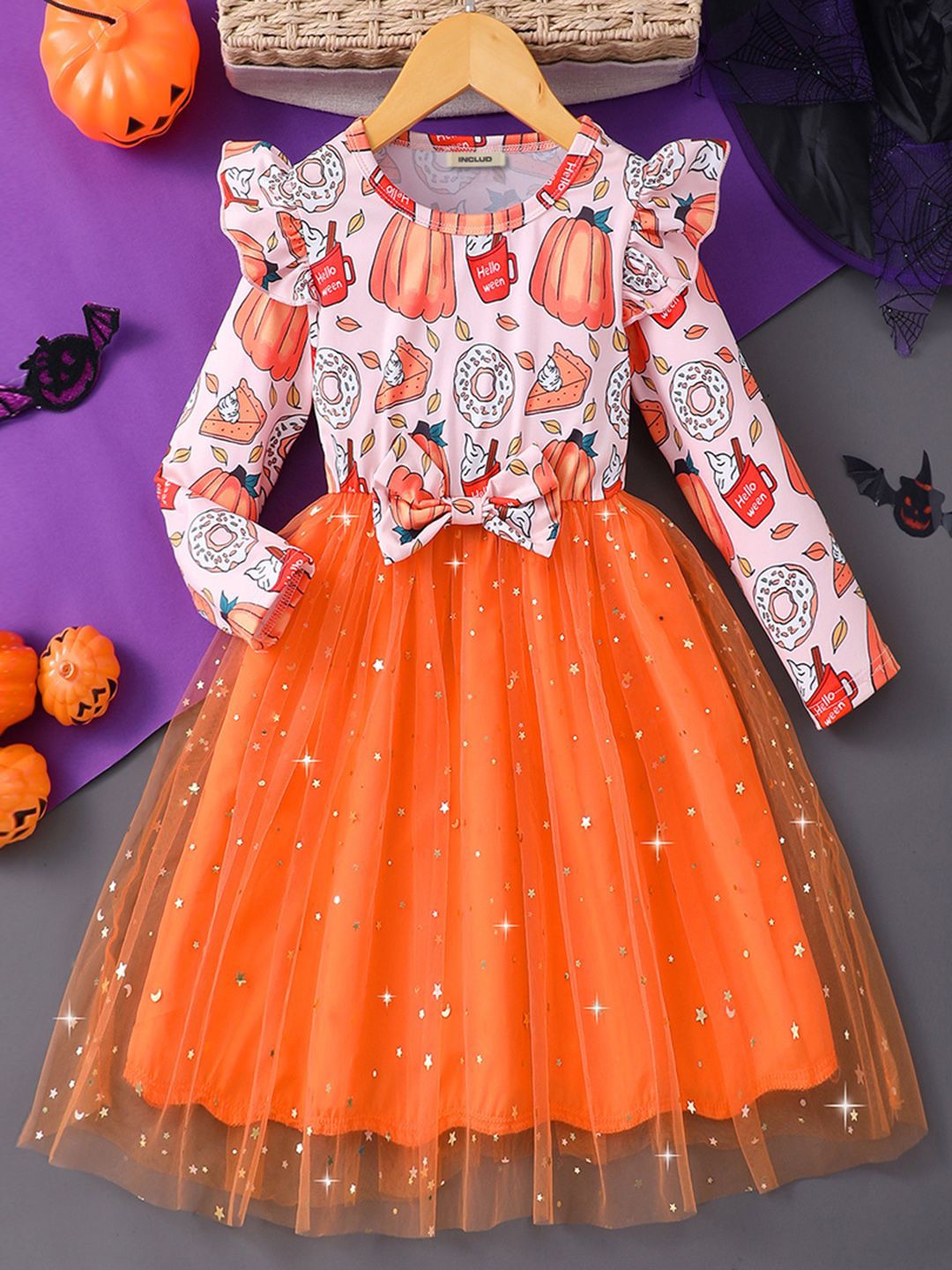 

INCLUD Girls Graphic Printed Fit & Flare Midi Dress, Orange