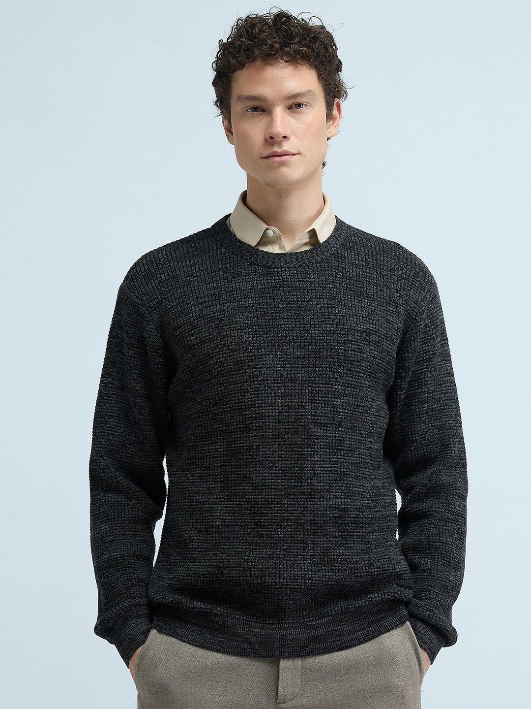 

Flying Machine Men Pure Cotton Cable Knit Pullover, Grey