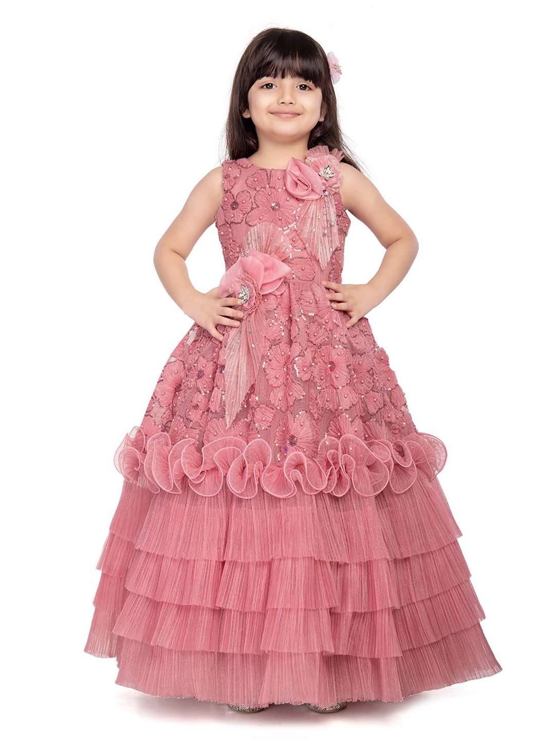 

BETTY Girls Embroidered Net Fit & Flare Maxi Dress, Pink