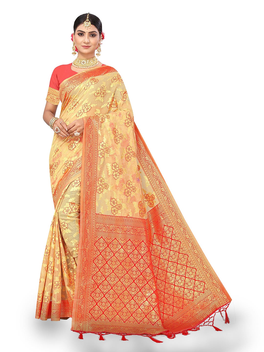 

Maroosh Woven Design Zari Saree with Blouse Piece, Beige