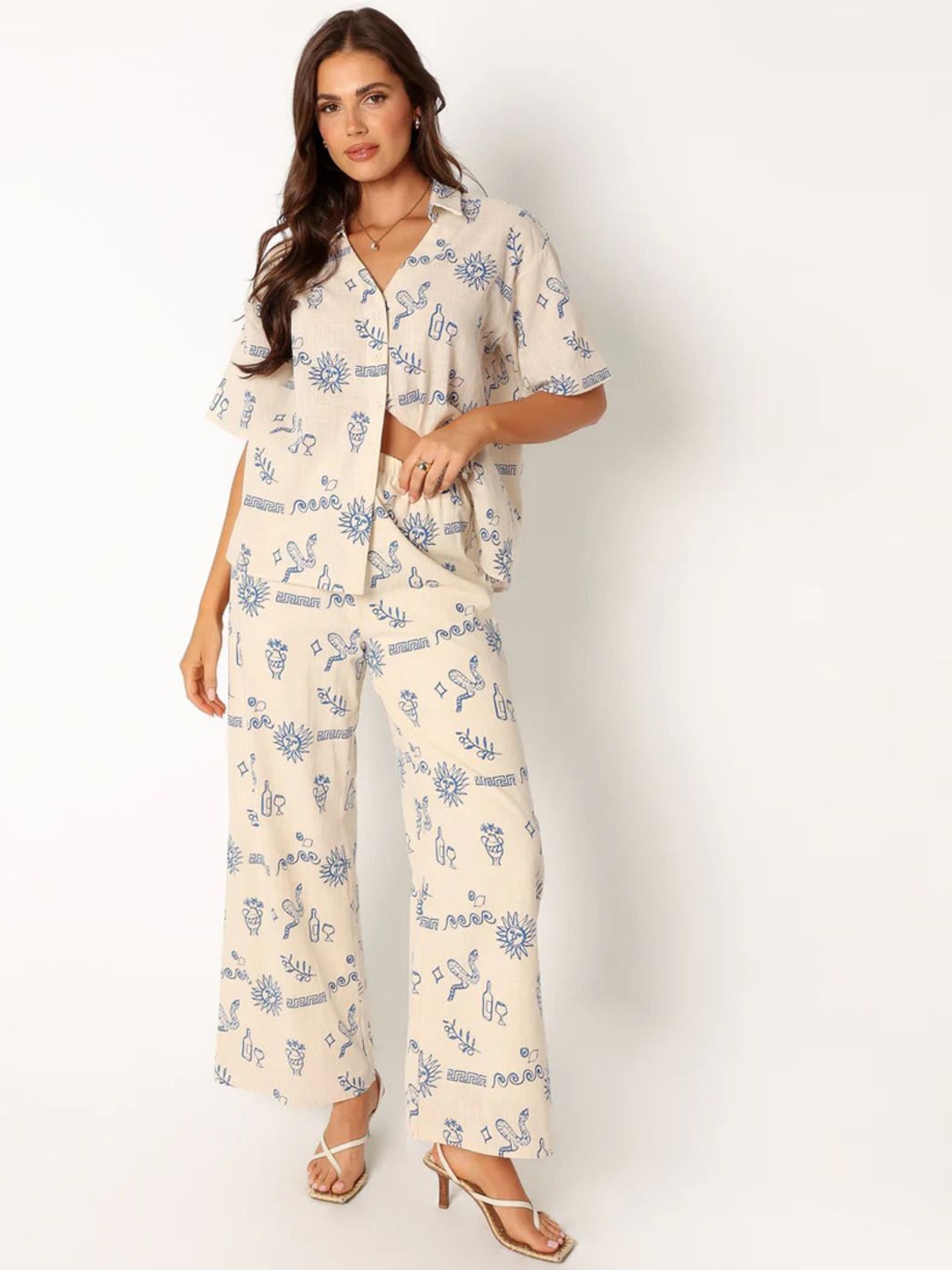 

Kotty Women Shirt Collar Multi Dress Set, Off white