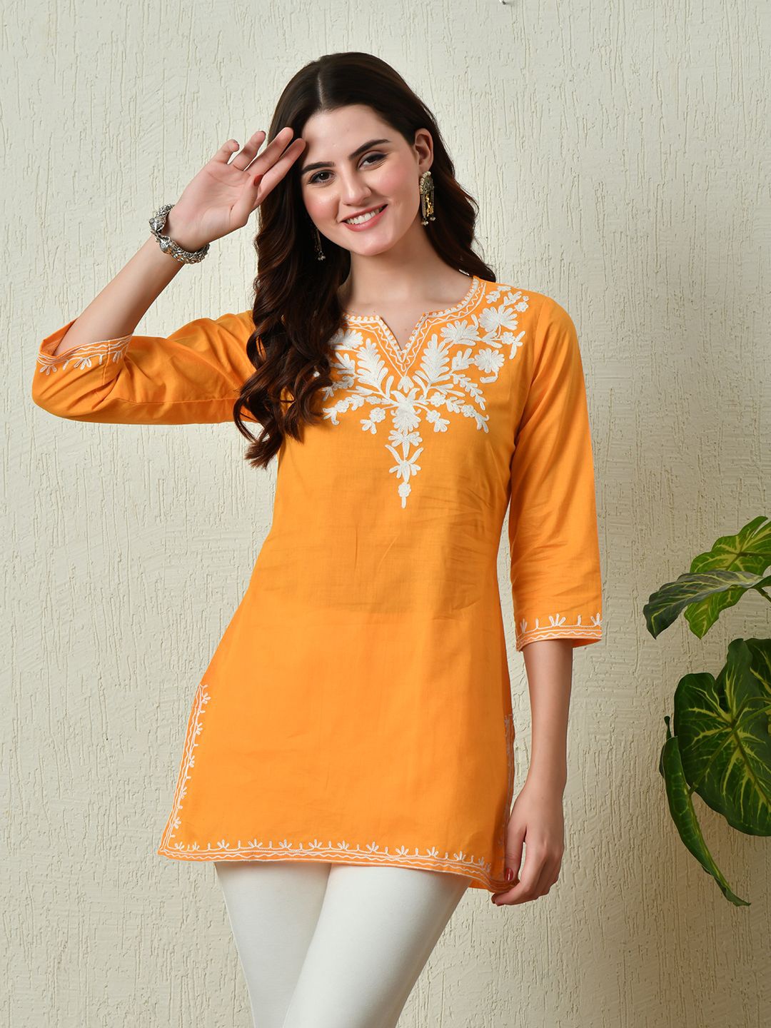 

RIYA Women Floral Embroidered Thread Work Pure Cotton Kurti, Mustard