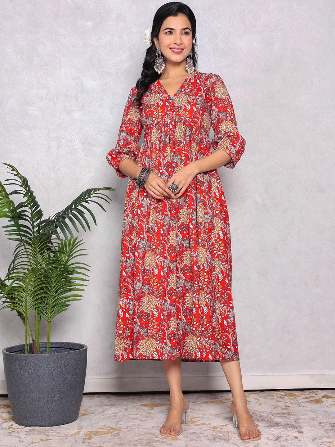 

GULAB CHAND TRENDS Printed V-Neck A-Line Ethnic Dress, Red