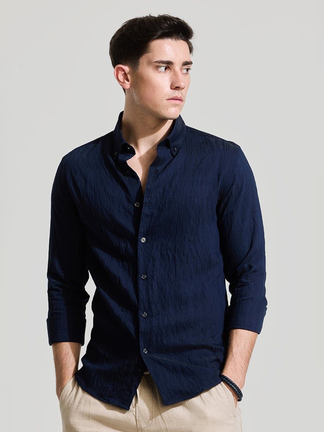 

Snitch Men Smart Button-Down Collar Solid Cotton Casual Shirt, Navy blue