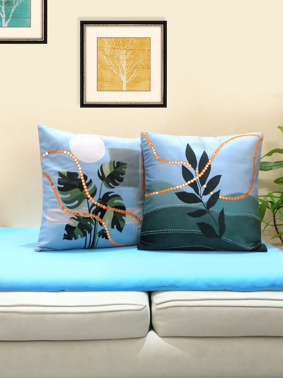 

Mid July Home Blue & Green 2 Pieces Floral Velvet Square Cushion Covers