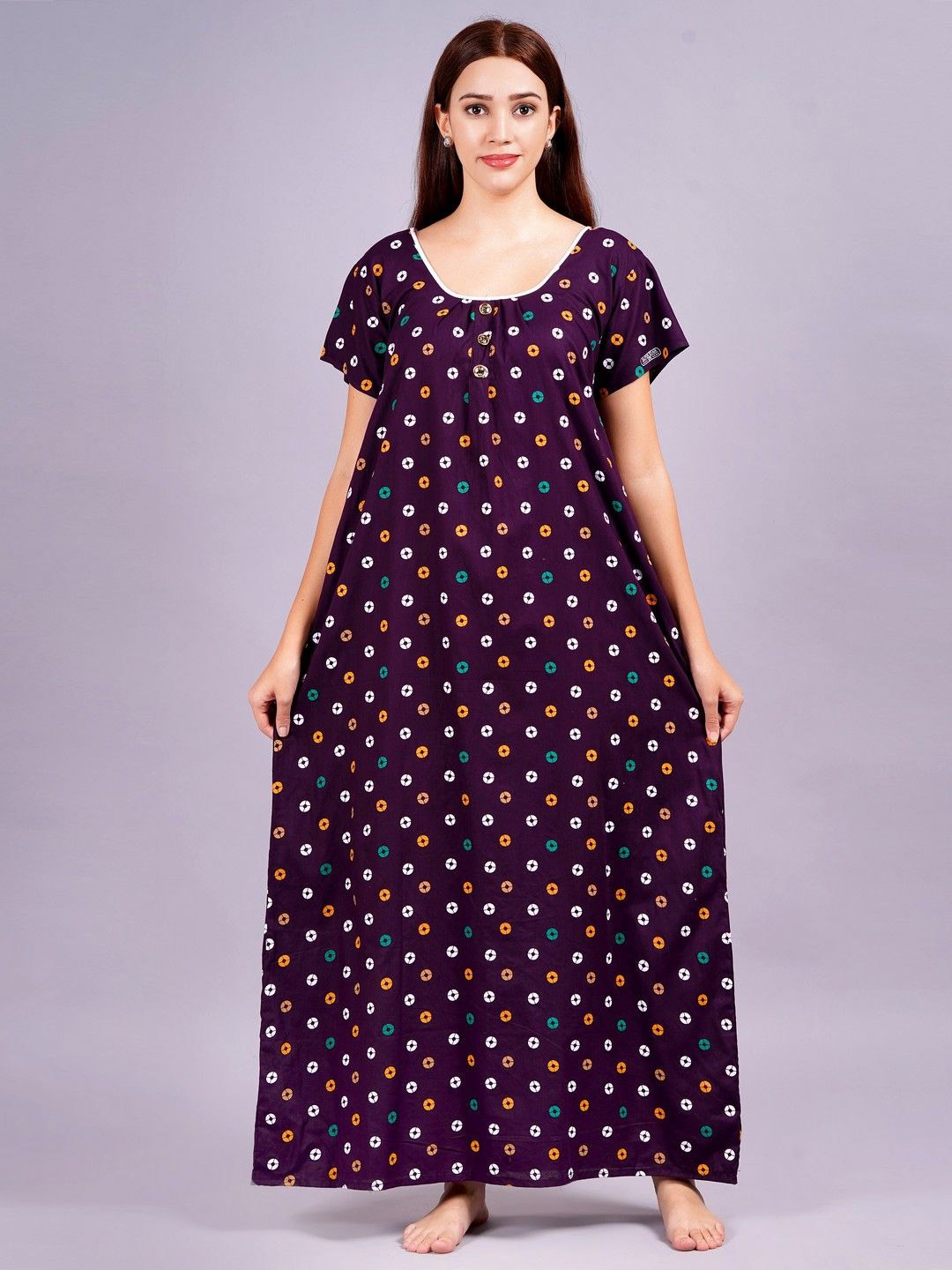 

Breezly Printed Pure Cotton Maxi Nightdress, Purple