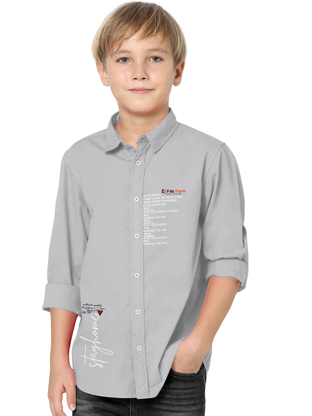 

FABFARM Boys Comfort Spread Collar Typography Printed Cotton Casual Shirt, Grey