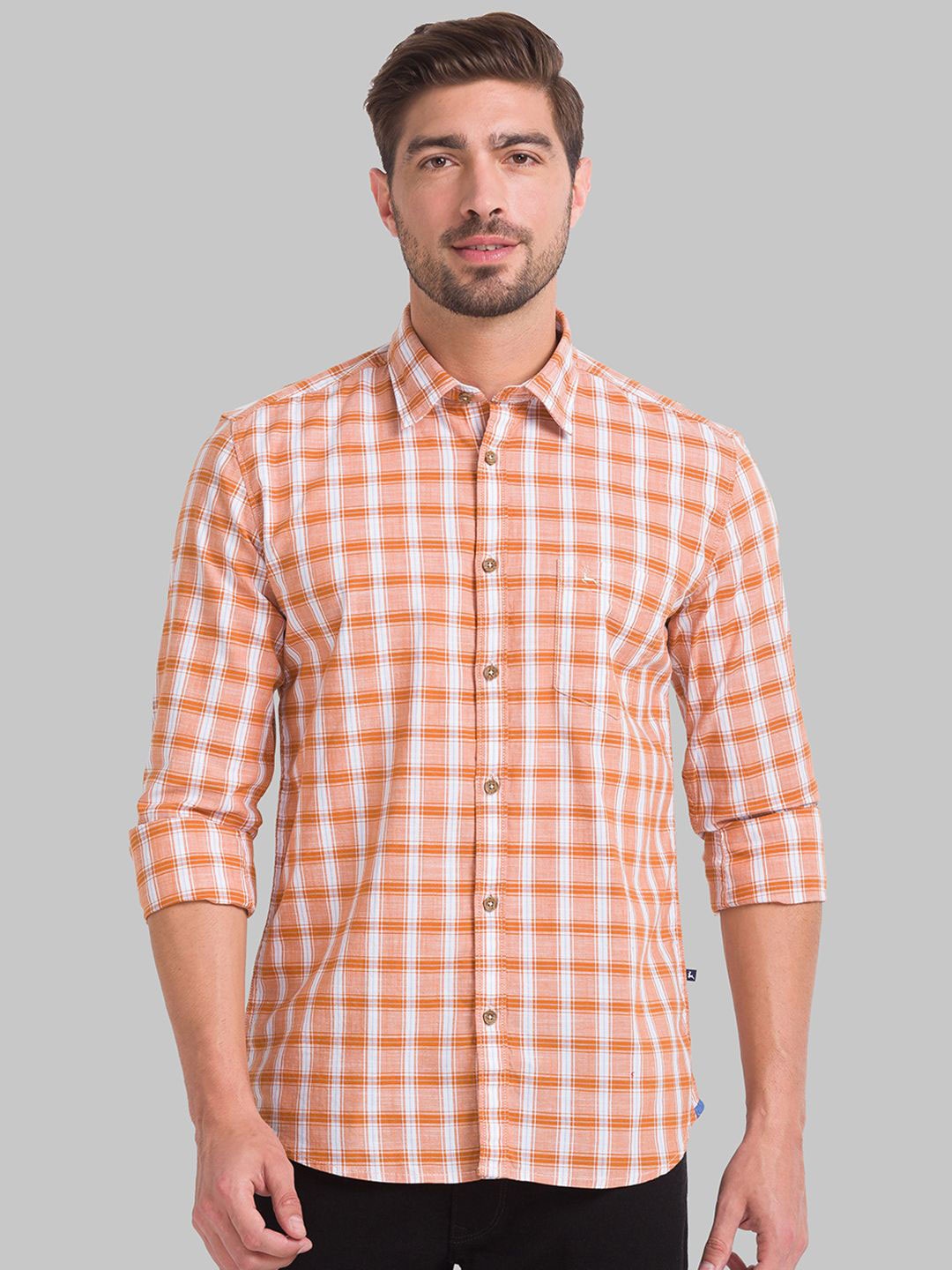 

Parx Men Cutaway Collar Checked Cotton Slim Fit Casual Shirt, Brown