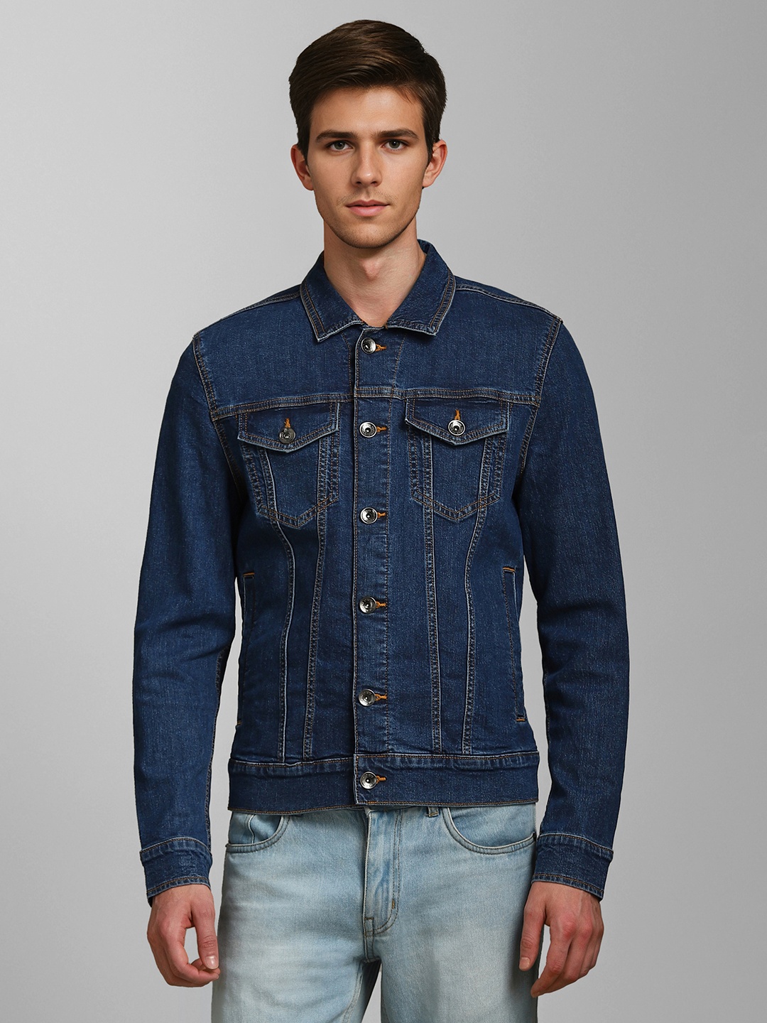 

Louis Philippe Jeans Men Solid Pure Cotton Denim Jacket, Navy blue