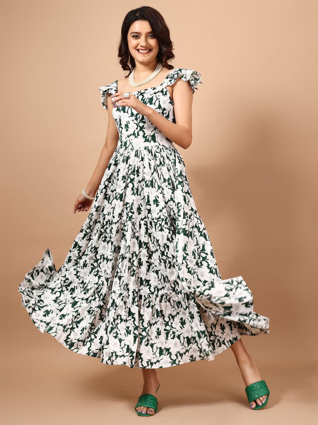 

YOYO Fashion Floral Printed A-Line Maxi Dress, Green