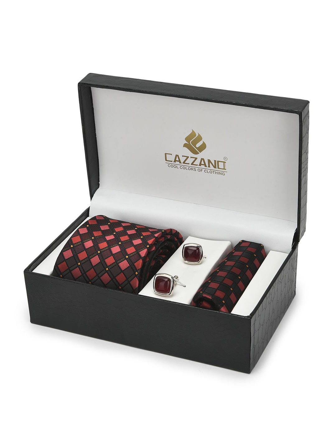 

Cazzano Men Accessory Gift Set Of Slim Tie, Cufflink & Pocket Square, Maroon